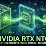 Nvidia RTX NTC download banner featuring 3D neural network graphics and RTX chip logo.