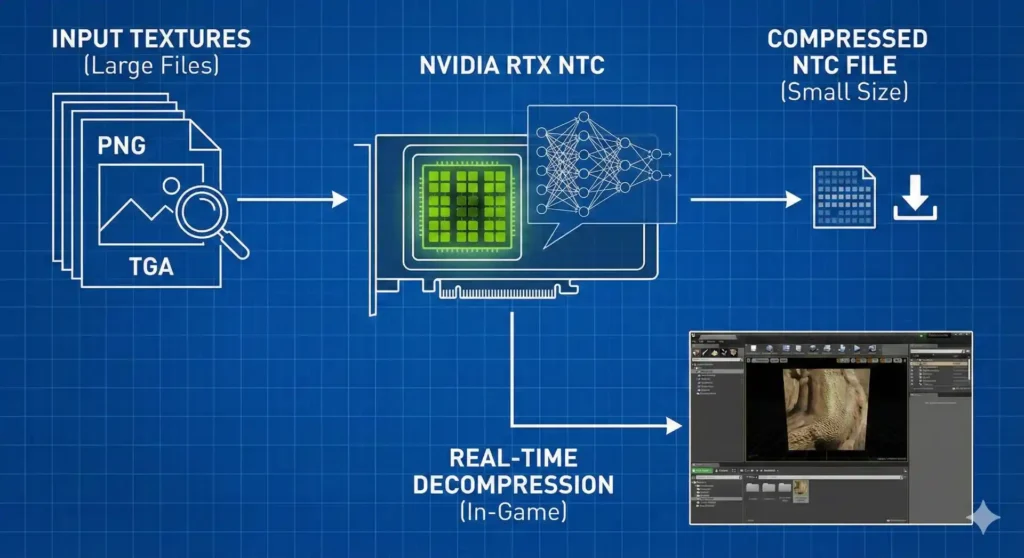 Diagram showing how Nvidia RTX NTC converts large uncompressed textures into small neural compressed files using AI.